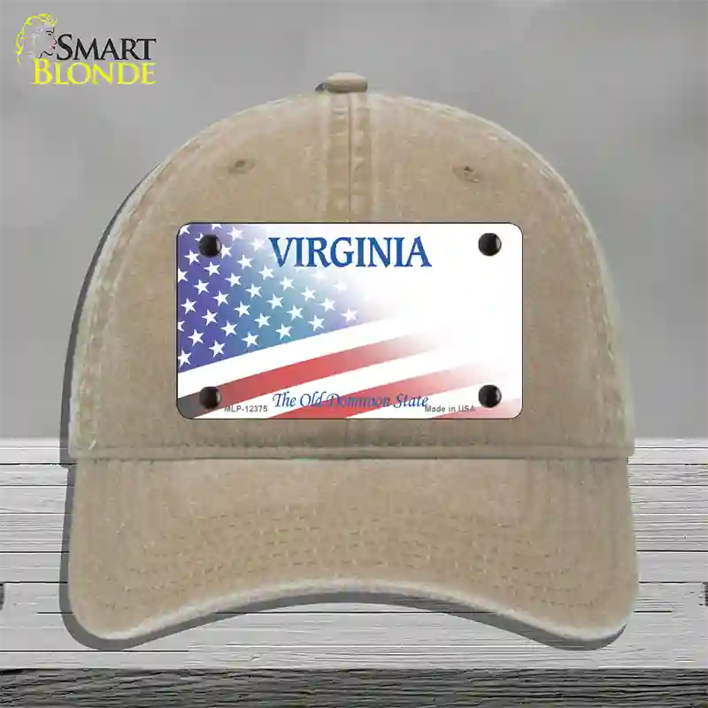 Virginia with American Flag Novelty License Plate Hat Unconstructed Cotton / Khaki