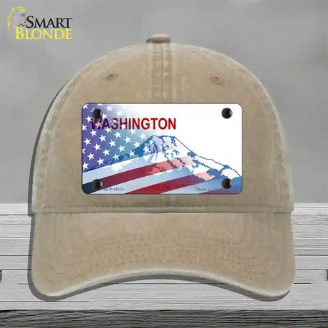 Washington with American Flag Novelty License Plate Hat Unconstructed Cotton / Khaki