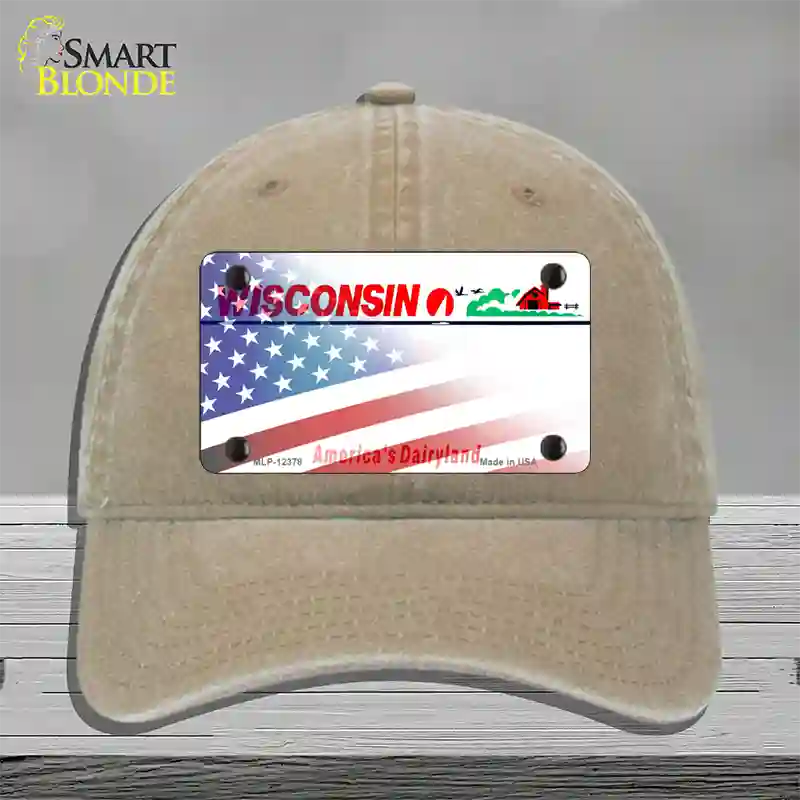 Wisconsin with American Flag Novelty License Plate Hat Unconstructed Cotton / Khaki