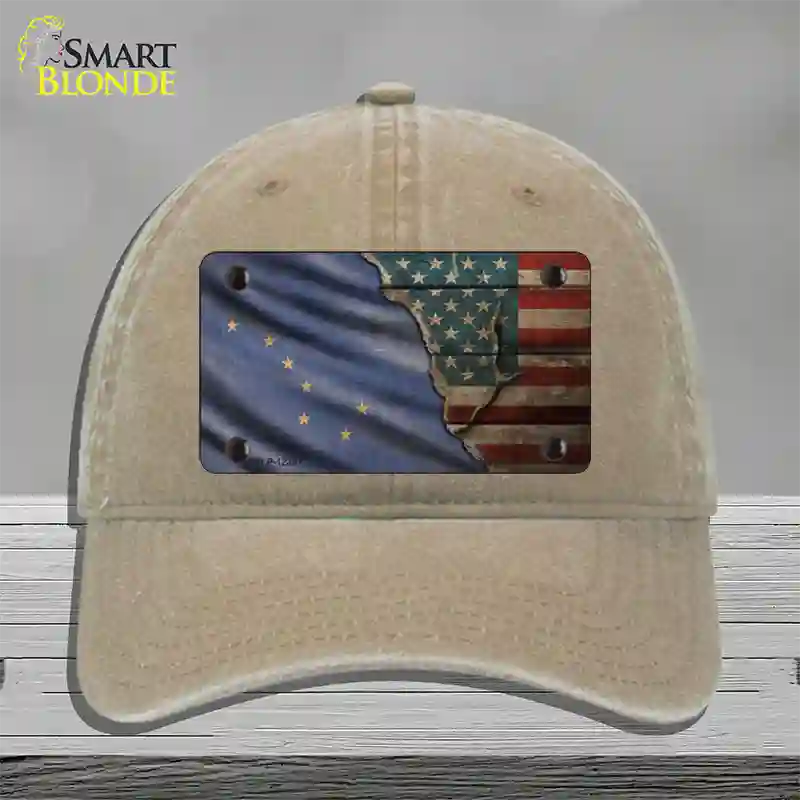 Alaska/American Flag Novelty License Plate Hat Unconstructed Cotton / Khaki