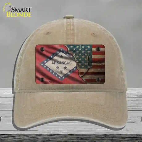 Arkansas/American Flag Novelty License Plate Hat Unconstructed Cotton / Khaki