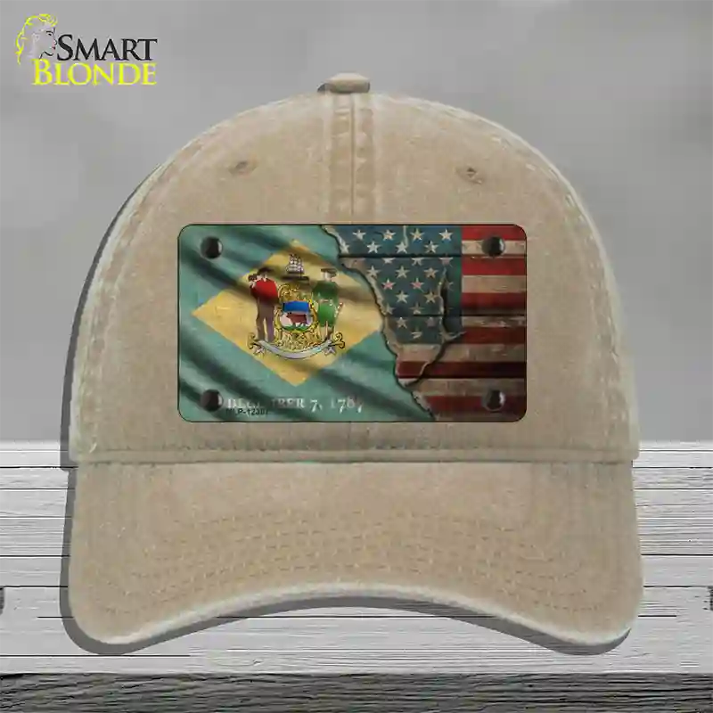 Delaware/American Flag Novelty License Plate Hat Unconstructed Cotton / Khaki