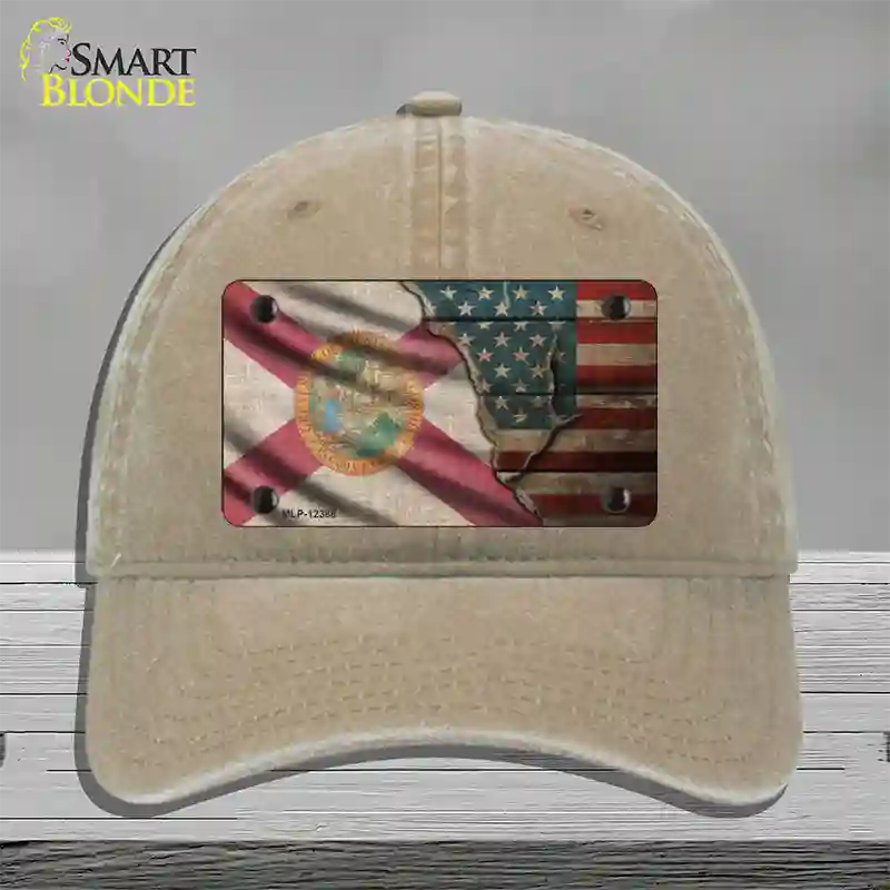 Florida/American Flag Novelty License Plate Hat Unconstructed Cotton / Khaki