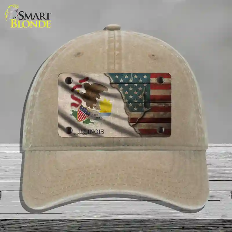 Illinois/American Flag Novelty License Plate Hat Unconstructed Cotton / Khaki