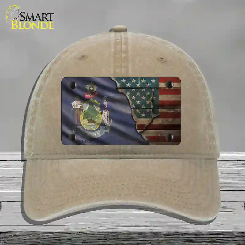 Maine/American Flag Novelty License Plate Hat Unconstructed Cotton / Khaki