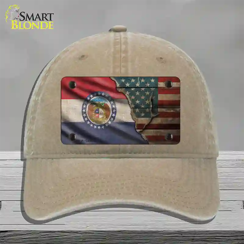 Missouri/American Flag Novelty License Plate Hat Unconstructed Cotton / Khaki