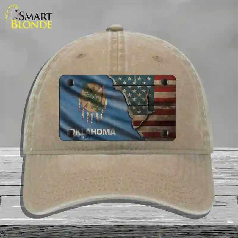 Oklahoma/American Flag Novelty License Plate Hat Unconstructed Cotton / Khaki