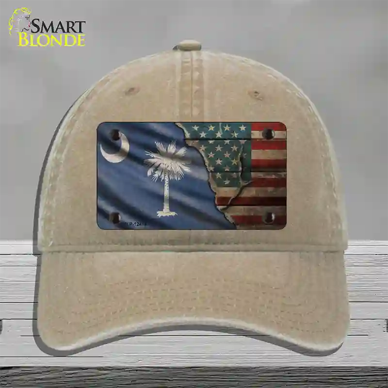 South Carolina/American Flag Novelty License Plate Hat Unconstructed Cotton / Khaki