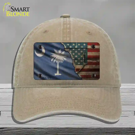 South Carolina/American Flag Novelty License Plate Hat Unconstructed Cotton / Khaki