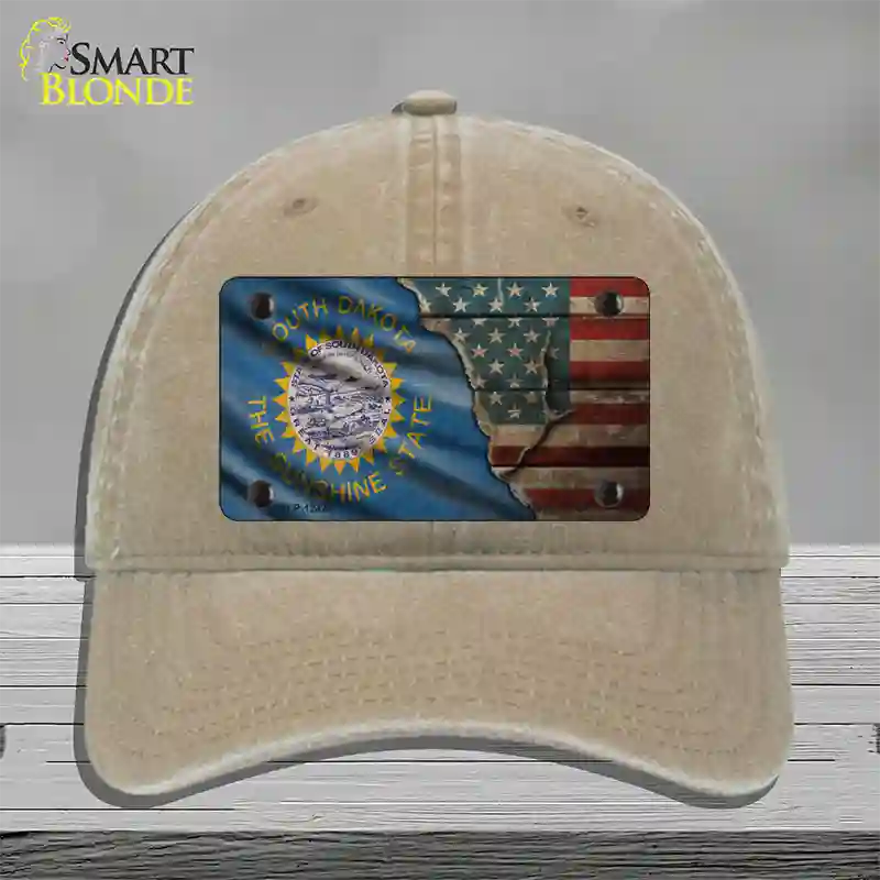 South Dakota/American Flag Novelty License Plate Hat Unconstructed Cotton / Khaki