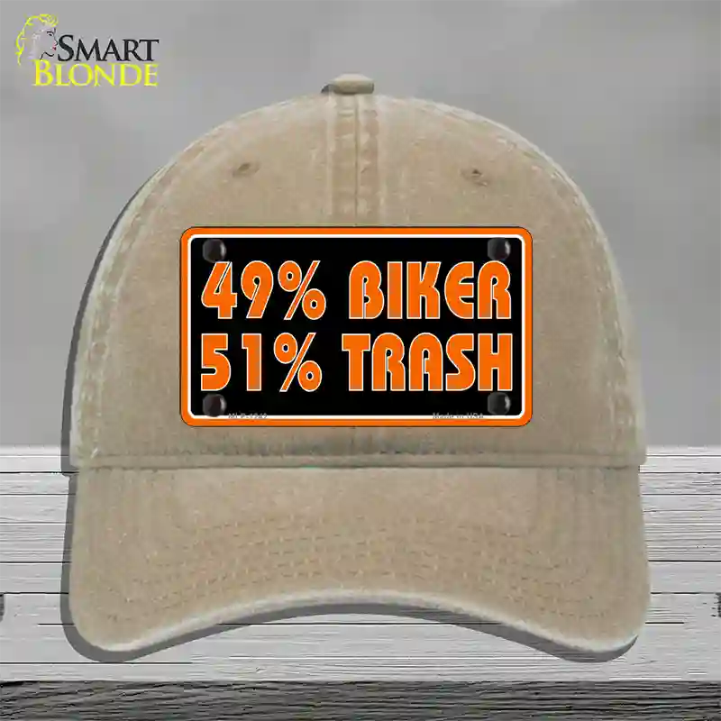 49% Biker 51% Trash Novelty License Plate Hat Unconstructed Cotton / Khaki