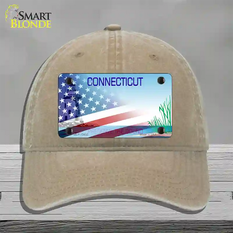 Connecticut Preserve with American Flag Novelty License Plate Hat Unconstructed Cotton / Khaki