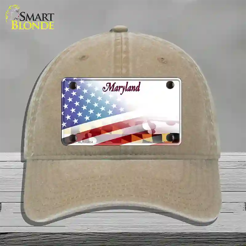 Maryland State with American Flag Novelty License Plate Hat Unconstructed Cotton / Khaki