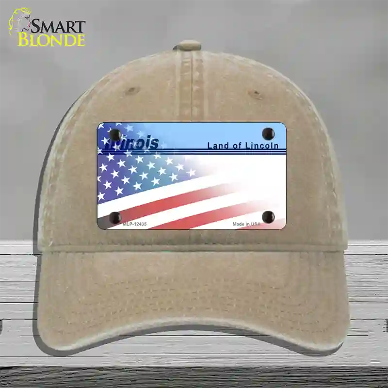 Illinois Lincoln with American Flag Novelty License Plate Hat Unconstructed Cotton / Khaki