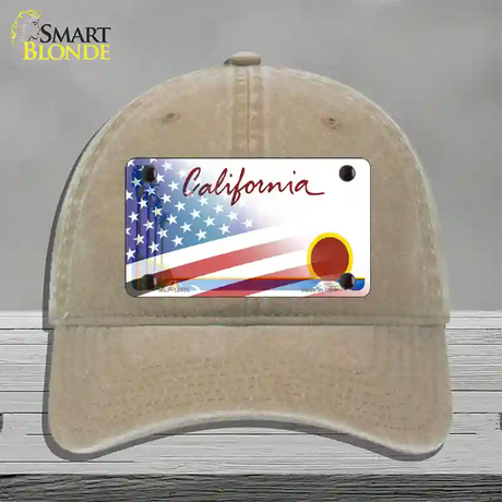 California Palm Plate American Flag Novelty License Plate Hat Unconstructed Cotton / Khaki