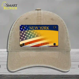 New York Yellow with American Flag Novelty License Plate Hat Unconstructed Cotton / Khaki