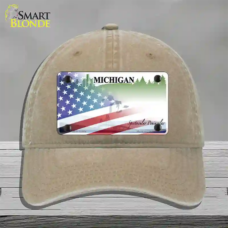 Michigan Peninsulas Plate American Flag Novelty License Plate Hat Unconstructed Cotton / Khaki