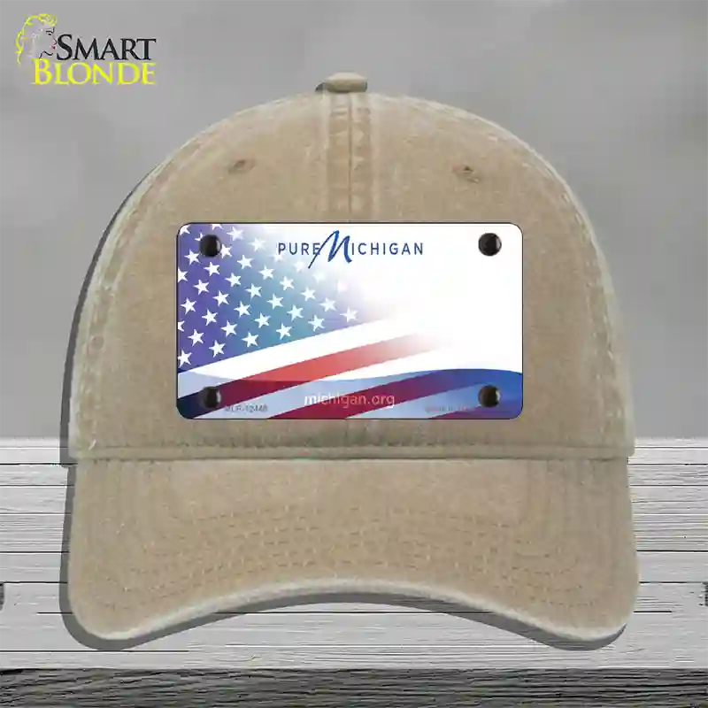 Pure Michigan Plate American Flag Novelty License Plate Hat Unconstructed Cotton / Khaki