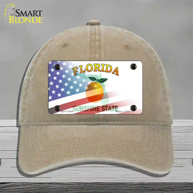 Florida Orange with American Flag Novelty License Plate Hat Unconstructed Cotton / Khaki