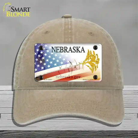 Nebraska Plate American Flag Novelty License Plate Hat Unconstructed Cotton / Khaki