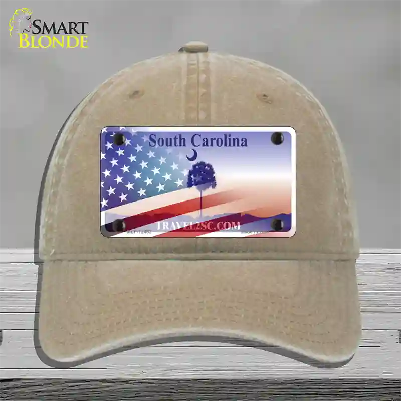 South Carolina Travel Plate American Flag Novelty License Plate Hat Unconstructed Cotton / Khaki