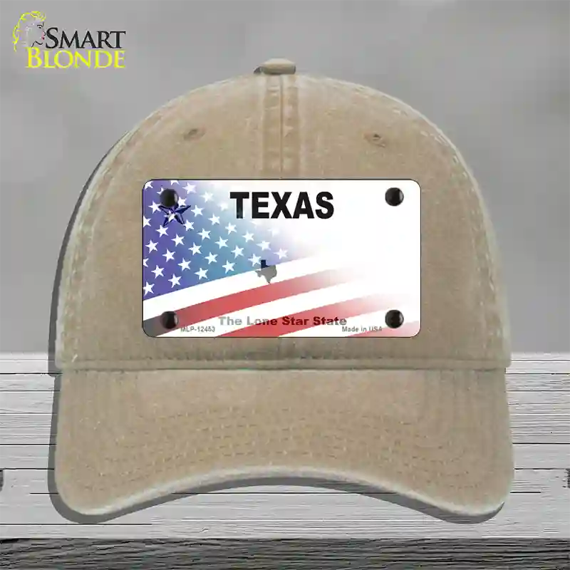 Texas White with American Flag Novelty License Plate Hat Unconstructed Cotton / Khaki