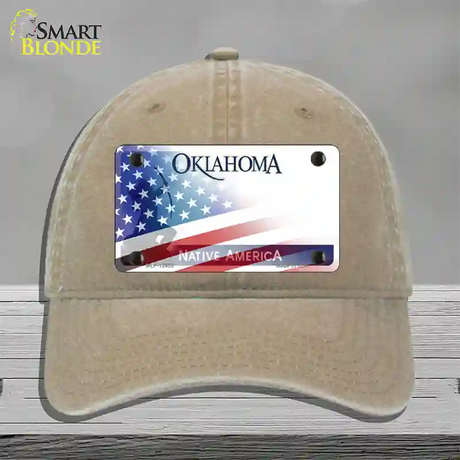 Oklahoma Bow with American Flag Novelty License Plate Hat Unconstructed Cotton / Khaki