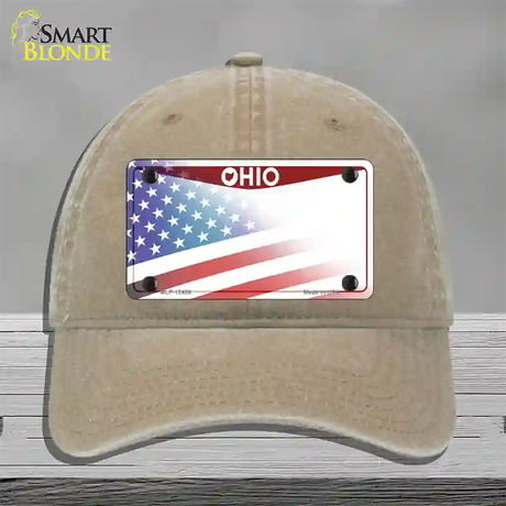 Ohio State American Flag Novelty License Plate Hat Unconstructed Cotton / Khaki