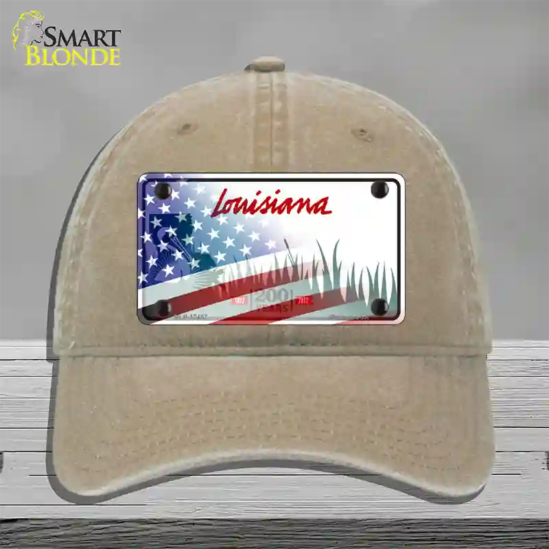 Louisiana 200 Years with American Flag Novelty License Plate Hat Unconstructed Cotton / Khaki