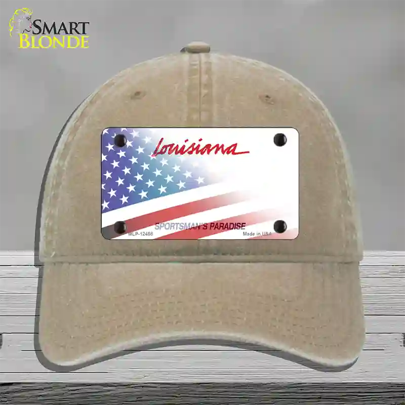 Louisiana Plate American Flag Novelty License Plate Hat Unconstructed Cotton / Khaki