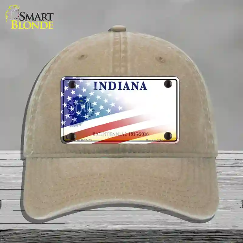 Indiana Bicentennial with American Flag Novelty License Plate Hat Unconstructed Cotton / Khaki