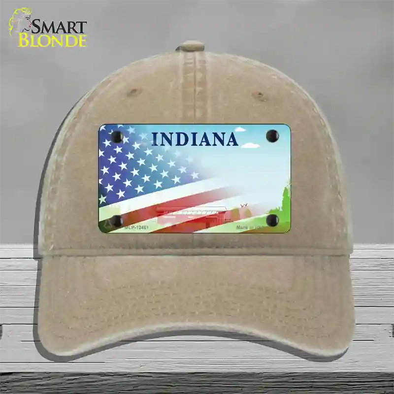 Indiana Bridge Plate American Flag Novelty License Plate Hat Unconstructed Cotton / Khaki