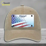 Missouri Show Me with American Flag Novelty License Plate Hat Unconstructed Cotton / Khaki