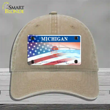 Michigan Splendor with American Flag Novelty License Plate Hat Unconstructed Cotton / Khaki