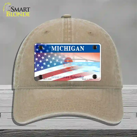 Michigan Splendor with American Flag Novelty License Plate Hat Unconstructed Cotton / Khaki