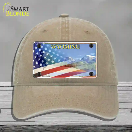 Wyoming State with American Flag Novelty License Plate Hat Unconstructed Cotton / Khaki