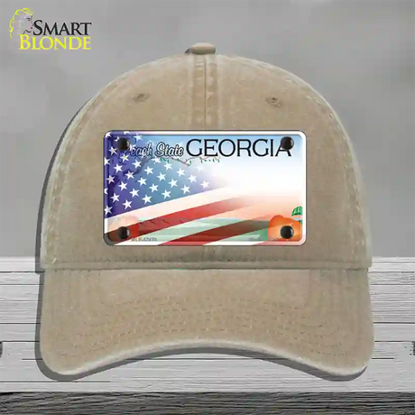 Georgia Peach with American Flag Novelty License Plate Hat Unconstructed Cotton / Khaki