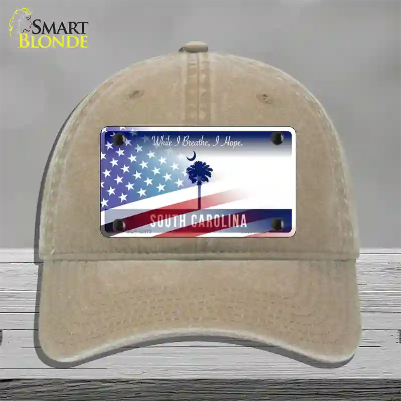 South Carolina Blue with American Flag Novelty License Plate Hat Unconstructed Cotton / Khaki