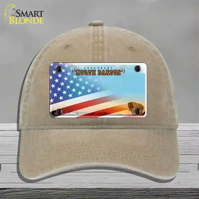 North Dakota Legendary with American Flag Novelty License Plate Hat Unconstructed Cotton / Khaki