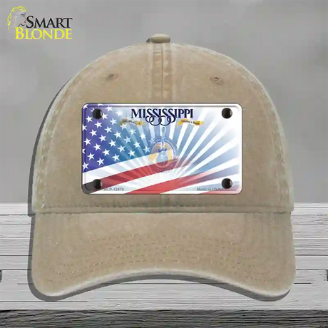 Mississippi Blue with American Flag Novelty License Plate Hat Unconstructed Cotton / Khaki