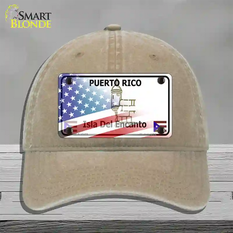 Puerto Rico with American Flag Novelty License Plate Hat Unconstructed Cotton / Khaki