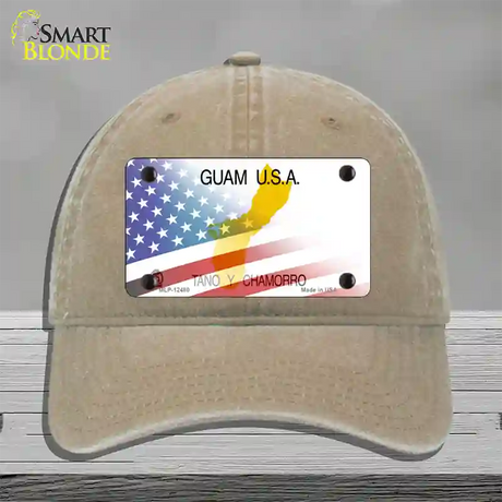 Guam with American Flag Novelty License Plate Hat Unconstructed Cotton / Khaki