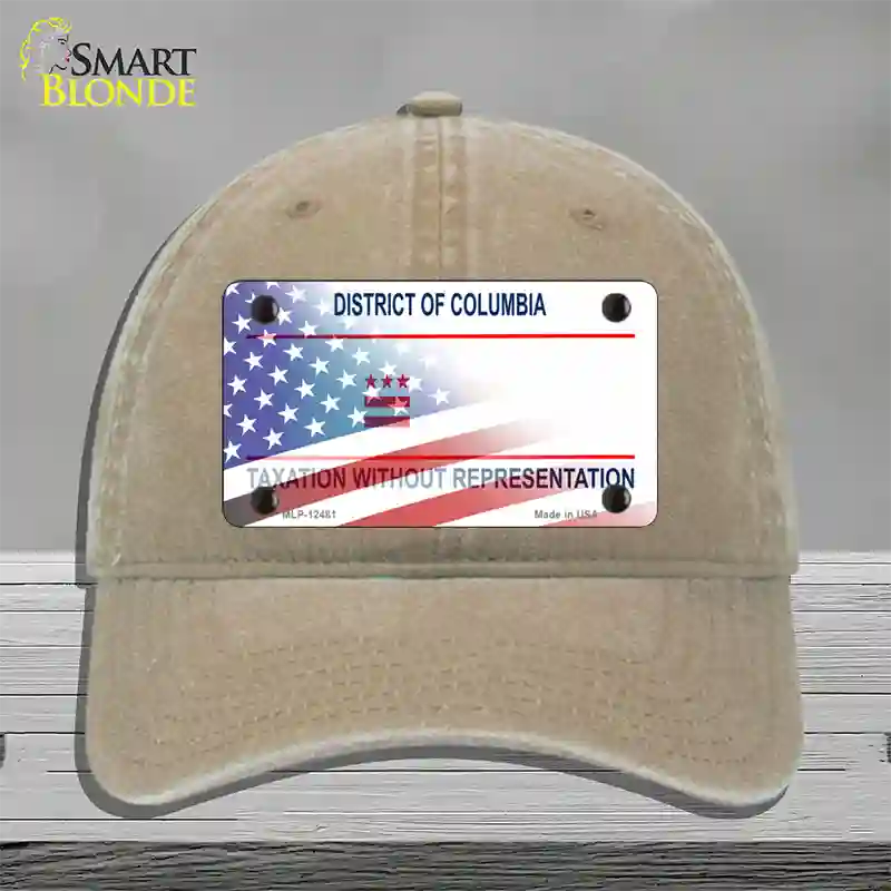 District of Columbia with American Flag Novelty License Plate Hat Unconstructed Cotton / Khaki