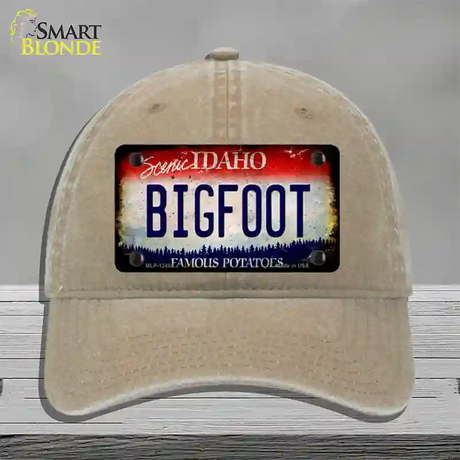 Bigfoot Idaho Novelty License Plate Hat Unconstructed Cotton / Khaki