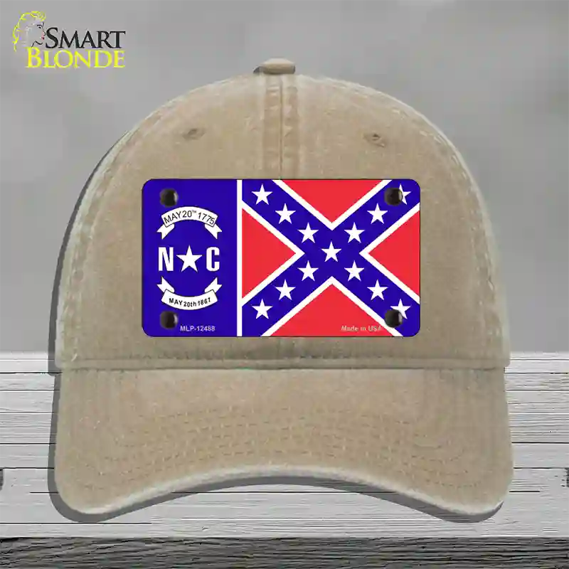 North Carolina Confederate Flag Novelty License Plate Hat Unconstructed Cotton / Khaki