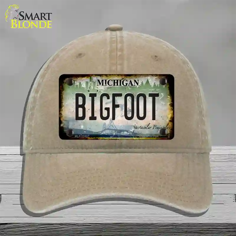 Bigfoot Michigan Novelty License Plate Hat Unconstructed Cotton / Khaki