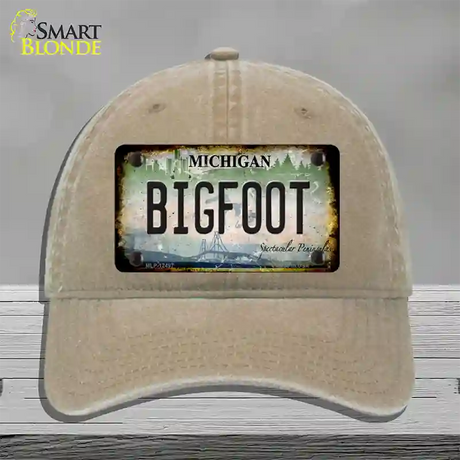 Bigfoot Michigan Novelty License Plate Hat Unconstructed Cotton / Khaki