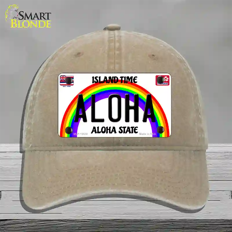 Aloha Hawaii Novelty License Plate Hat Unconstructed Cotton / Khaki