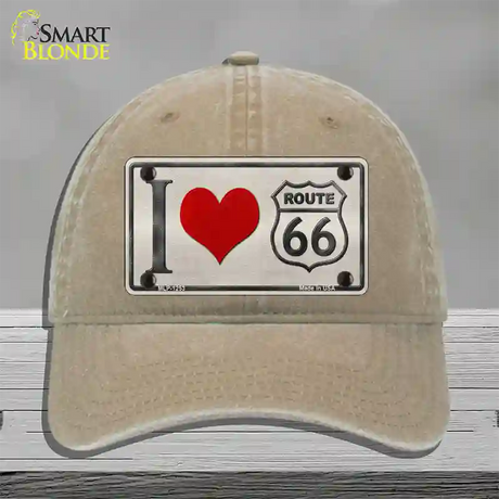 I Love Route 66 Novelty License Plate Hat Unconstructed Cotton / Khaki