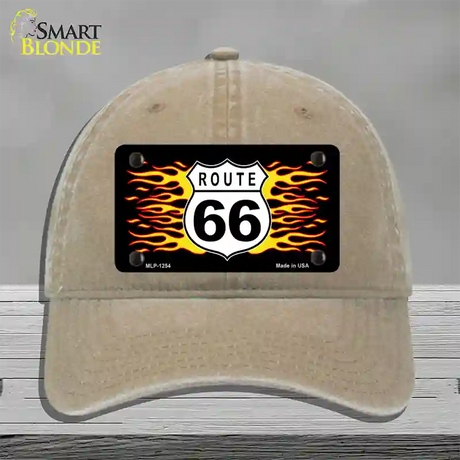 Route 66 Flames Novelty License Plate Hat Unconstructed Cotton / Khaki